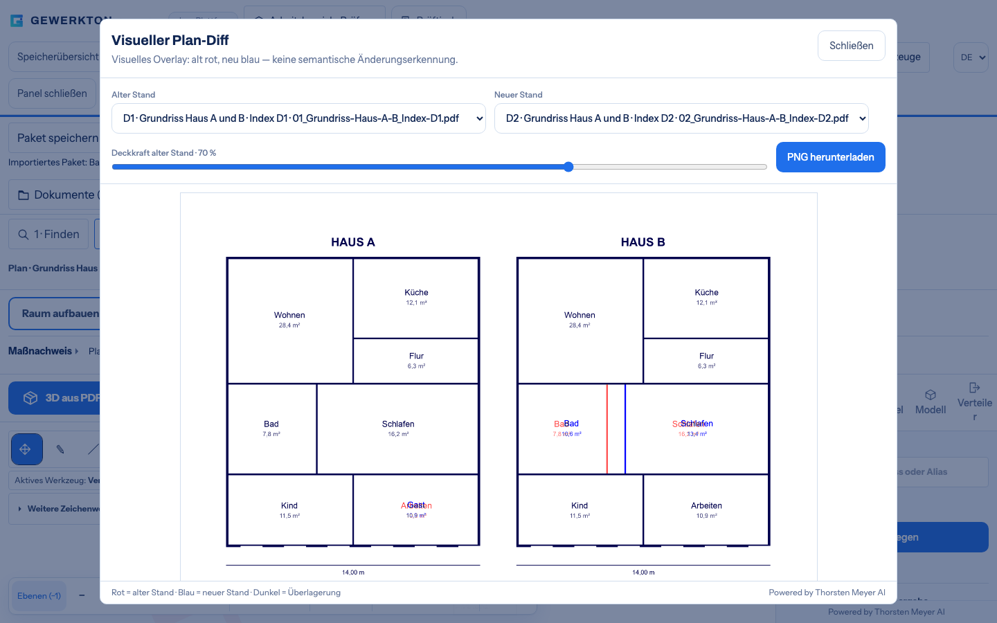 Visual plan diff in Gewerkton Studio with a German interface: floor plans of house A and house B, the older revision in red overlaid with the newer revision in blue, an opacity slider and a button to download the overlay as PNG