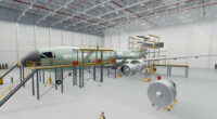 Rendered aircraft maintenance hangar with an airliner in a yellow work dock, one engine on a stand and technicians on platforms